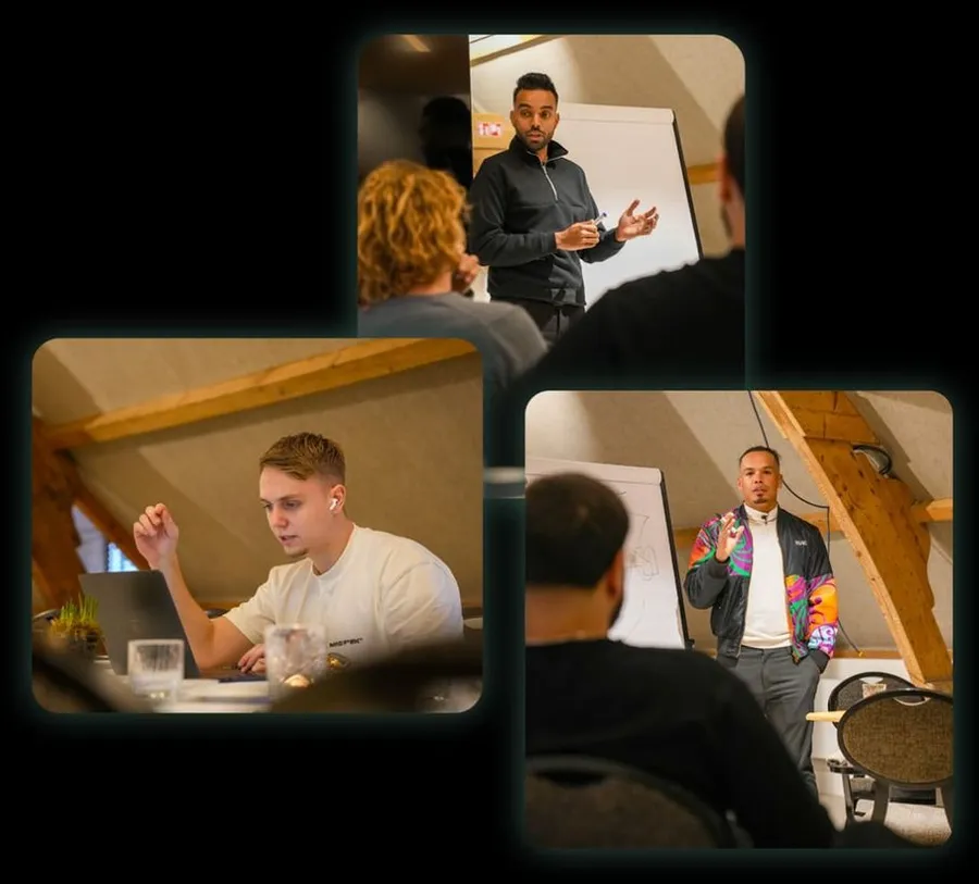 Coaches van Dropship Academy geven een live sessie aan een groep members
