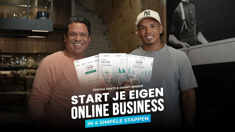 Joshua Kaats en Harvey Snoek met de tekst Start je eigen online business in 4 simpele stappen